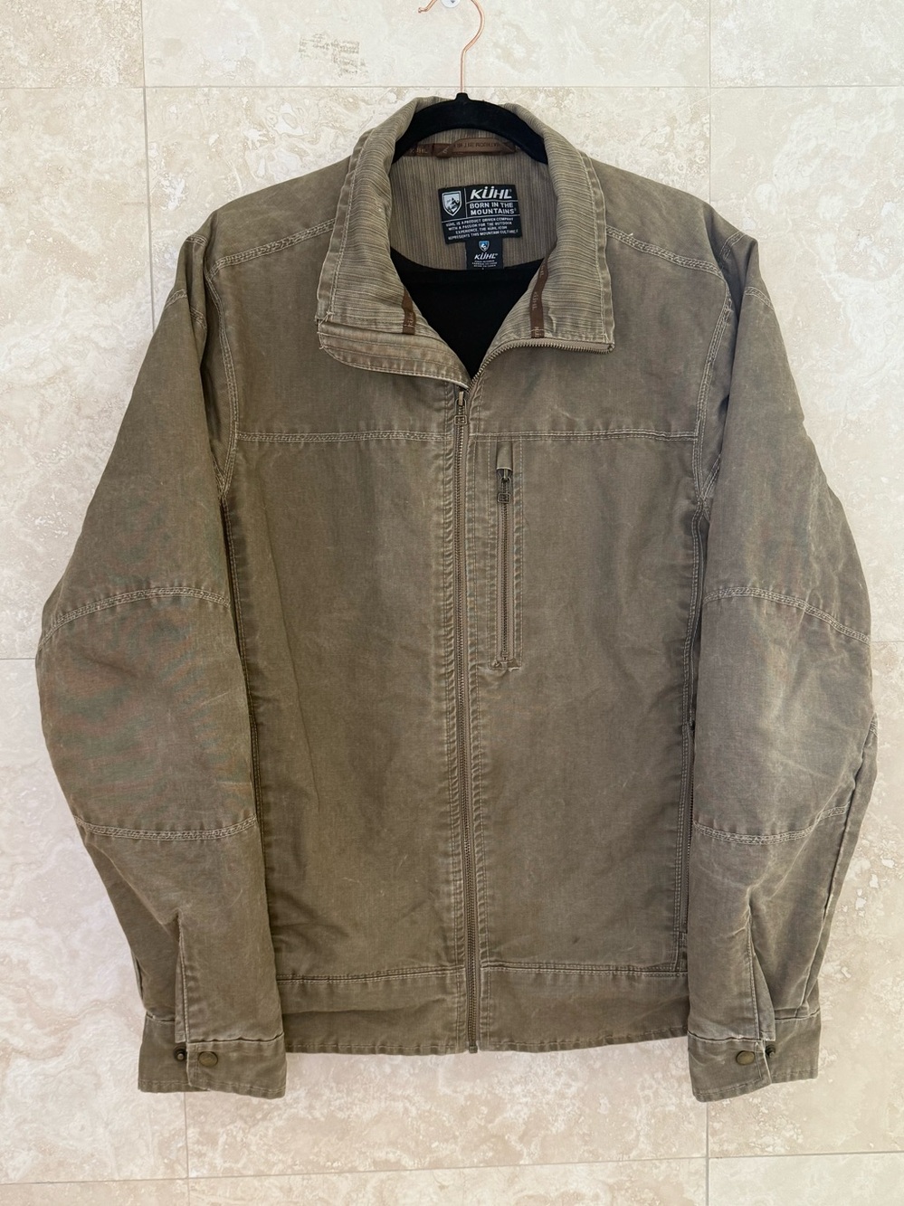 KÜHL Burr Lined Jacket Olive Green Vintage Patina Dye Size L EUC